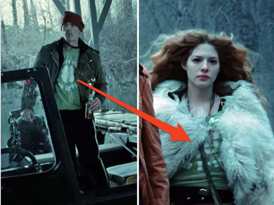 arrow connecting photos of two character wearing the same shirt in twilight