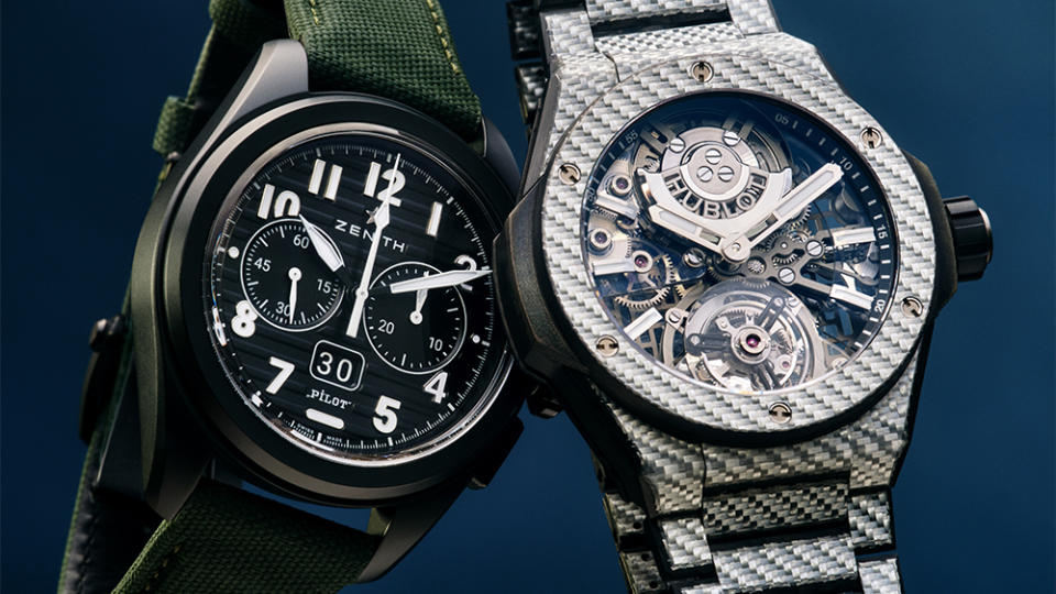 Zenith 42.5 mm Pilot Big Date Flyback; Hublot 43 mm Big Bang Integrated Tourbillion Full Carbon