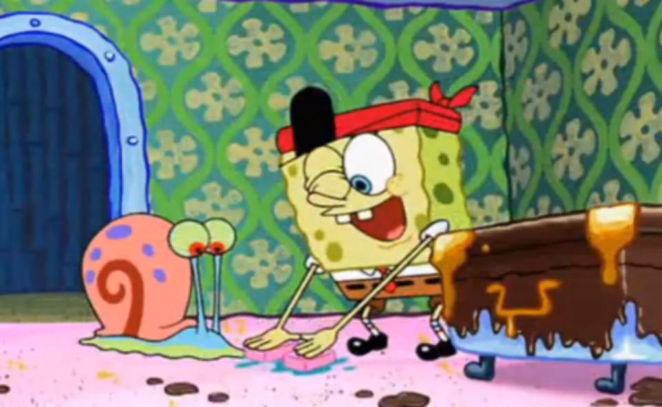 <p>In the episode 'Gary Takes A Bath’, Spongebob produces two bars of soap while washing his pet snail Gary. 'Don’t drop 'em!’ he warns, alluding to numerous prison dramas. It got the episode banned in the UK and Australia.</p>