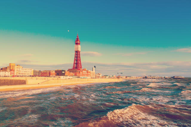 Retro Photo Filter Effect Blackpool Tower, from the North Pier, Lancashire, England, UK