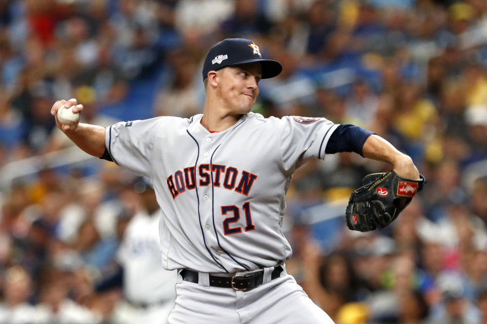 Houston Astros starting pitcher Zack Greinke throws during the first inning of Game 3 of a baseball American League Division Series against the Tampa Bay Rays, Monday, Oct. 7, 2019, in St. Petersburg, Fla. (AP Photo/Scott Audette)