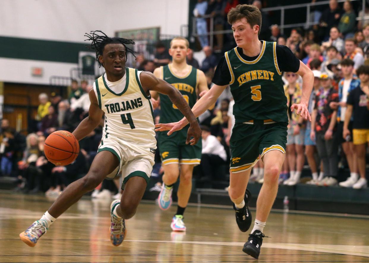 Iowa City West’s TaeVeon Stevens (4), seen here in a game against Cedar Rapids Kennedy, scored 22 points against Cedar Rapids Washington on Thursday, Feb.8.