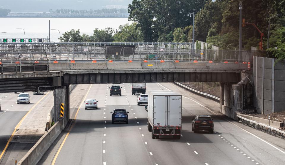 The South Nyack overpass over the New York State Thruway was reopened Sunday after emergency repairs were made to the structure. The overpass, photographed Sept. 11, 2023, was badly damaged Aug. 31 when it was hit by a truck that was too high to fit under the structure.