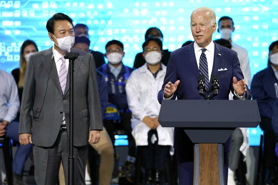 President Joe Biden delivers remarks with South Korean President Yoon Suk Yeol as they visit the Samsung Electronics Pyeongtaek campus, Friday, May 20, 2022, in Pyeongtaek, South Korea. (AP Photo/Evan Vucci)