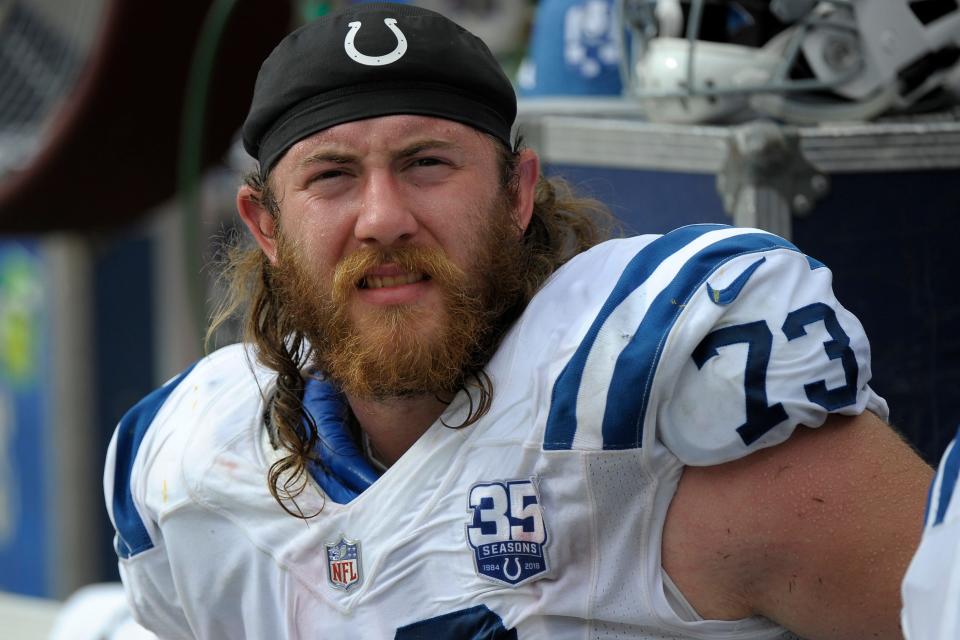 Indianapolis Colts offensive tackle Joe Haeg looks at the score board during an NFL football game against the Washington Redskins, Sunday, Sept. 16, 2018, in Landover, Md. (AP Photo/Mark Tenally)