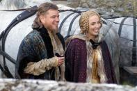 <p>Matt Damon and Jodie Comer wear face shields as a coronavirus precaution as they resume filming <i>The Last Duel</i> in Ireland on Monday. </p>