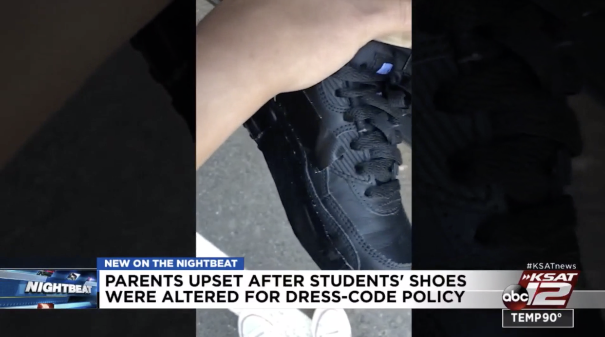 Students at Harvey E. Najim school in Texas had their shoes duct-taped or colored over with a permanent marker for breaking dress code. (Screenshot: KSAT 12)