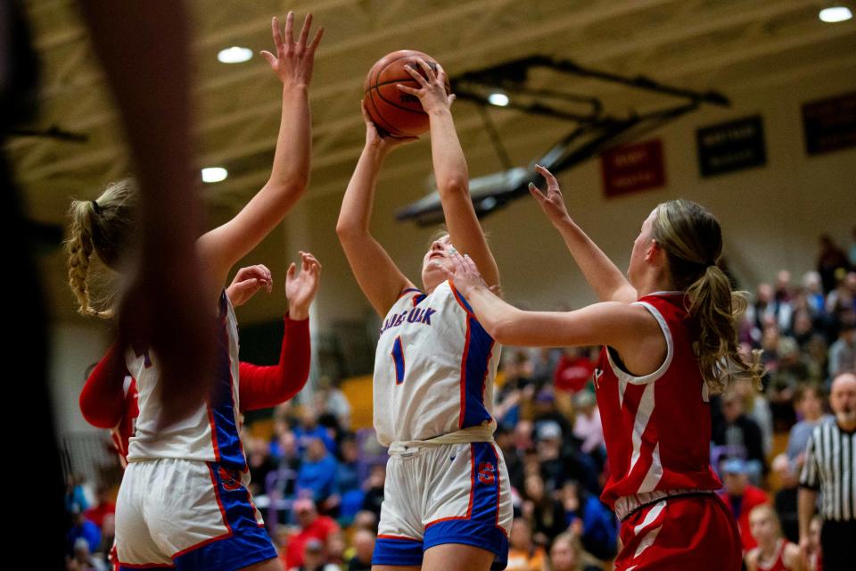 Saugatuck's Jennifer Schock takes a shot near the basket during a game against Kent City Tuesday, March 7, 2023, at Shelby High School.