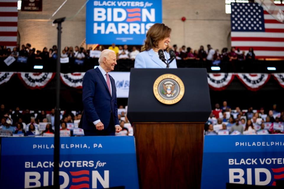PHILADELPHIA, PENNSYLVANIA - MAY 29: U.S. Vice President Kamala Harris introduces U.S. President Joe Biden during a campaign rally at Girard College on May 29, 2024 in Philadelphia, Pennsylvania. Biden and Harris are using today's rally to launch a nationwide campaign to court black voters, a group that has traditionally come out in favor of Biden, but their support is projected lower than it was in 2020. (Photo by Andrew Harnik/Getty Images) (Getty Images)