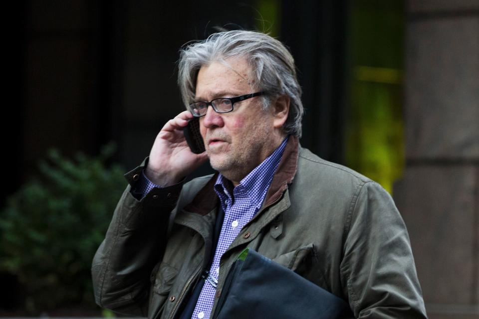 Steve Bannon, chief strategist for President-elect Donald Trump, talks on the phone outside Trump Tower in New York, Dec. 9, 2016. (Photo: DOMINICK REUTER/AFP/Getty Images)
