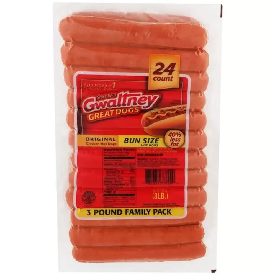 Package of Gwaltney Great Dogs, 3-pound family pack of original bun-size chicken hot dogs, 24 count, labeled with "40% less fat" and "America's #1"