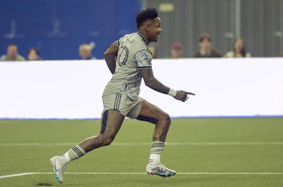 CF Montreal's Romell Quioto reacts after scoring against the Philadelphia Union during second-half MLS soccer match action in Montreal, Saturday, March 18, 2023. (Graham Hughes/The Canadian Press via AP)