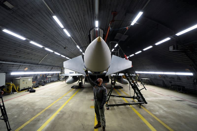 Eurofighter jet transferred to Romania is seen in hangar at German Air Force base in Neuburg an der Donau