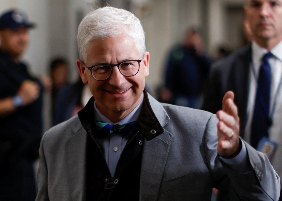 U.S. House Speaker Pro Tempore Rep. Patrick McHenry (R-NC) arrives for a House Republican candidates forum ahead of their decision over the next GOP House Speaker nominee on Capitol Hill in Washington, U.S. October 24, 2023. REUTERS/Jonathan Ernst