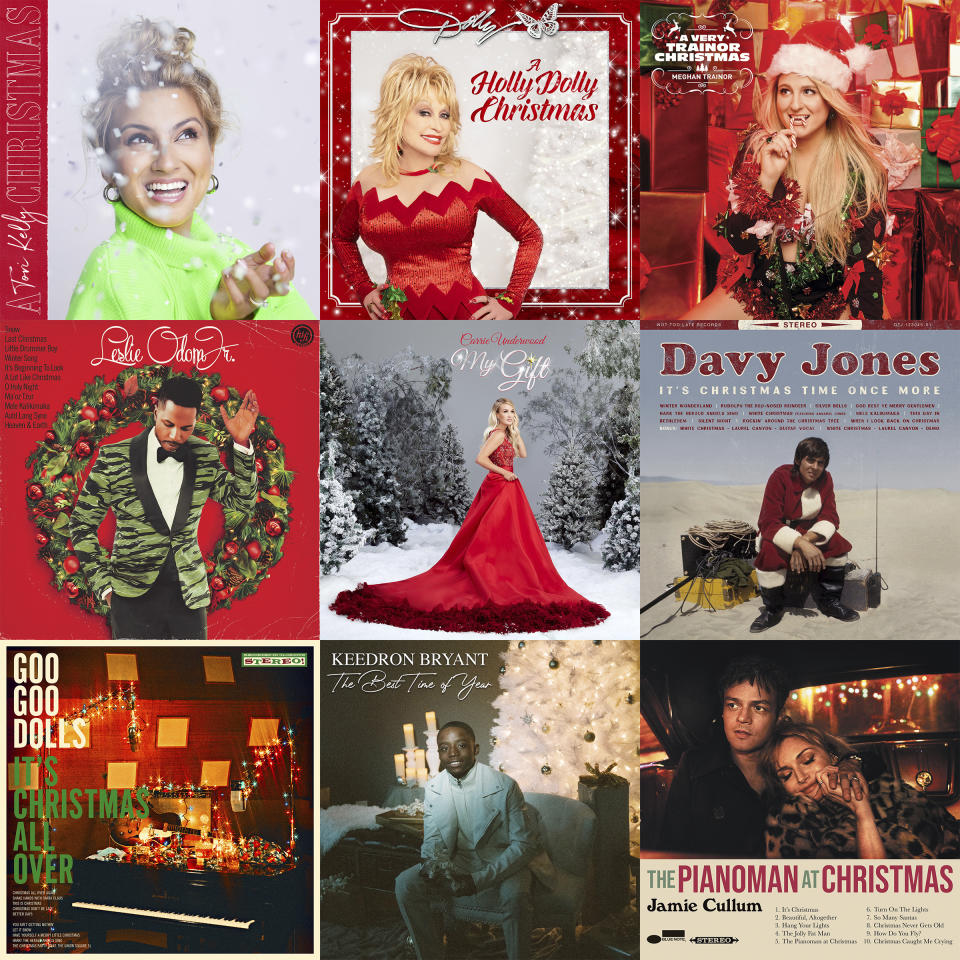 CORRECTS UNDERWOOD'S ALBUM TITLE - This combination photo shows holiday album covers, top row from left, "A Tori Kelly Christmas" by Tory Kelly, "A Holly Dolly Christmas" by Dolly Parton, "A Very Trainor Christmas" by Meghan Trainor, second row from left, "The Christmas Album" by Leslie Odom Jr., "My Gift," by Carrie Underwood, "It's Christmas Time Once More" by Davy Jones, bottom row from left, "It's Christmas All Over" by the Goo Goo Dolls, "The Best Time of Year" by Keedron Bryant and "The Pianoman at Christmas" by Jamie Cullum. (Capitol and Schoolboy/Butterfly/Epic/S-Curve Records and BMG/Capitol Records Nashville/Not Too Late Records/Warner/Warner/Blue Note via AP)