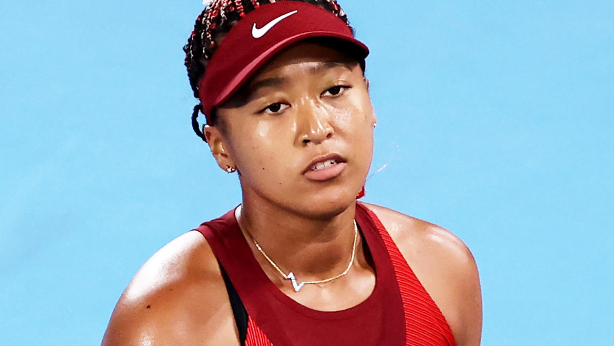 Naomi Osaka, pictured here during her loss to Marketa Vondrousova at the Olympics.