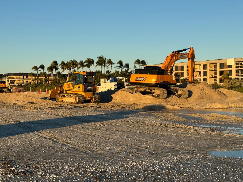 This is a photo of the beach re-nourishment project underway on Sanibel Island. The project, which is expected to continue until April, started on Dec. 18. The photo was taken this morning (Tuesday, Dec. 19, 2023).
