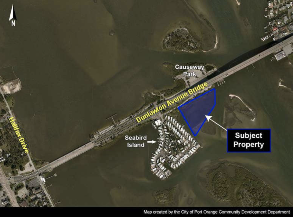 Map shows the area (in blue) where the dry stack marina building would be located, right next to the Seabird Island Mobile Home Park.