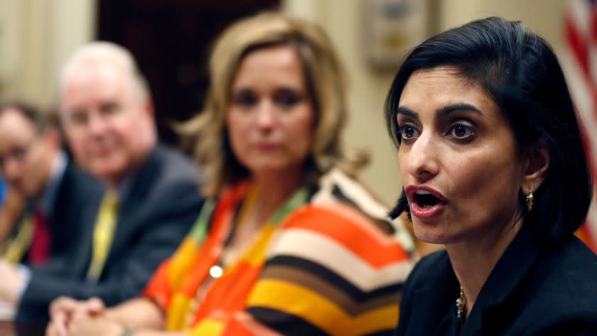 Dr. Douglas Lake, from Iowa, left, Health and Human Services Secretary Tom Price, Candace Fowler, from Missouri, listen as Seema Verma, Administrator of the Centers for Medicare and Medicaid Services, speaks during a listening session in the Roosevelt Room of the White House, Wednesday, June 21, 2017, in Washington. Senate Republicans are steering toward a potential showdown vote on their long-awaited health care bill, despite indications that they've yet to solidify the 50 GOP votes they'll need to avert an embarrassing defeat. A draft of the still-secret bill is expected to be unveiled Thursday. (AP Photo/Alex Brandon)