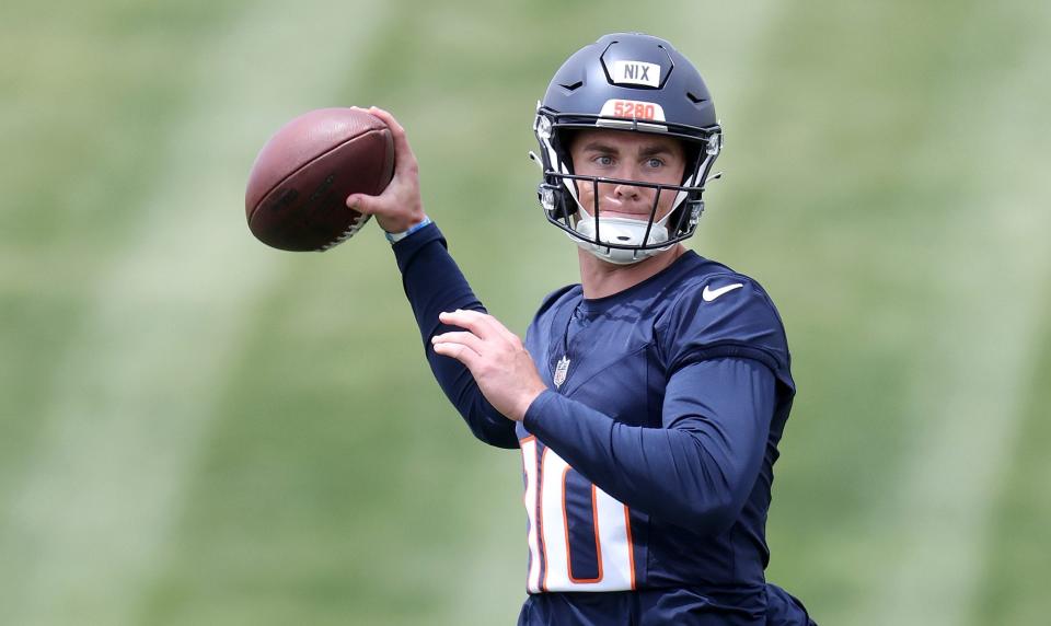 ENGLEWOOD, COLORADO - MAY 11: Quarterback Bo Nix #10 of the Denver Broncos throws during Denver Broncos Rookie Minicamp at Centura Health Training Center on May 11, 2024 in Englewood, Colorado. (Photo by Matthew Stockman/Getty Images)