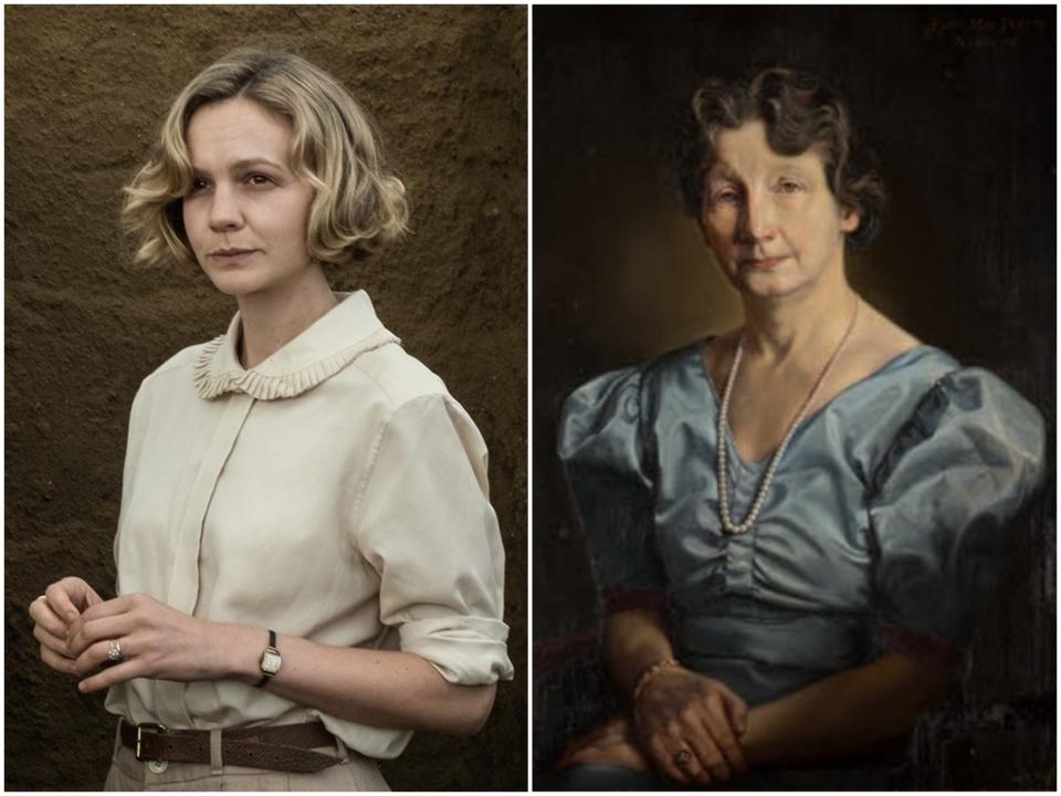 Carey Mulligan as Edith Pretty in The Dig, and a painting of the real-life Edith PrettyNetflix/National Trust/Robin Pattinson