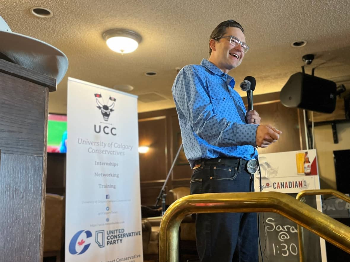 Pierre Poilievre spoke to a crowd of dozens on Sunday afternoon at an Irish pub in northwest Calgary. In his speech, as he did at a Stampede fundraiser for federal Conservatives on Saturday, Poilievre quoted Tory prime minister John Diefenbaker: 