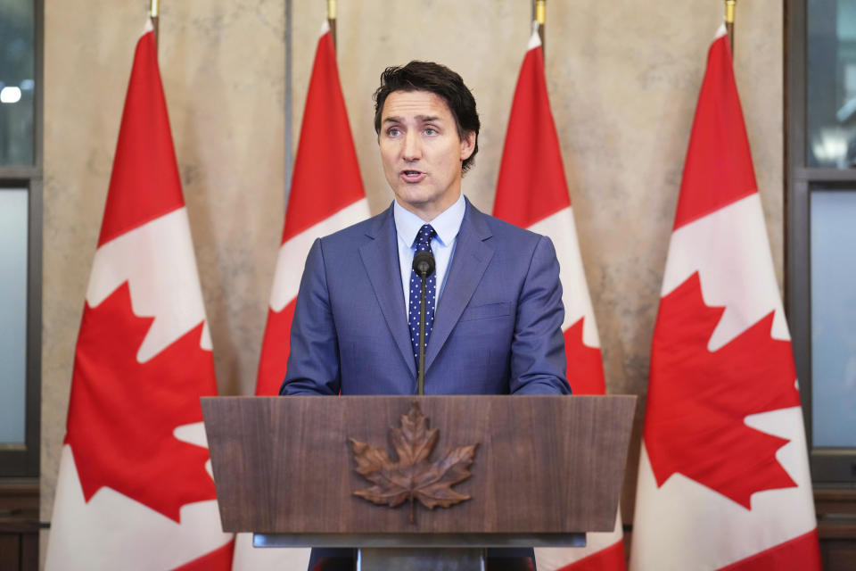 Canadian Prime Minister Justin Trudeau apologizes for the events surrounding Ukraine President Volodomyr Zelenskyy's visit at a media availability in Ottawa, Ontario, on Wednesday, Sept. 27, 2023. Trudeau apologized Wednesday for Parliament’s recognition of a man who fought alongside the Nazis during last week’s address by Zelenskyy. Trudeau said the speaker of the House of Commons, who resigned Tuesday, was “solely responsible” for the invitation and recognition of the man but said it was a mistake that has deeply embarrassed Parliament and Canada. (Sean Kilpatrick/The Canadian Press via AP)