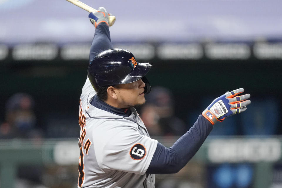 Detroit Tigers' Miguel Cabrera watches his two-run home run during the fifth inning of a baseball game against the Kansas City Royals, Thursday, Sept. 24, 2020, in Kansas City, Mo. (AP Photo/Charlie Riedel)