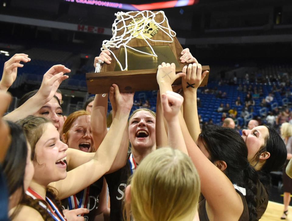 Sands celebrates their win against Robert Lee in the UIL State girls basketball Class 1A state championship, Saturday, March 5, 2022, at the Alamodome. Sands won, 60-33.