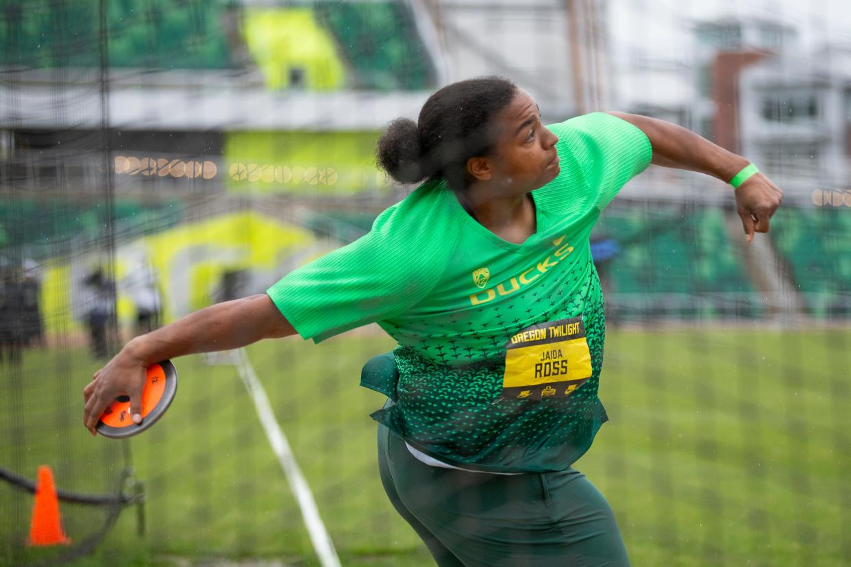 Oregon’s Jaida Ross competes in the women’s discus during the Oregon Twilight meet Friday, May 3, 2024, at Hayward Field in Eugene, Ore.