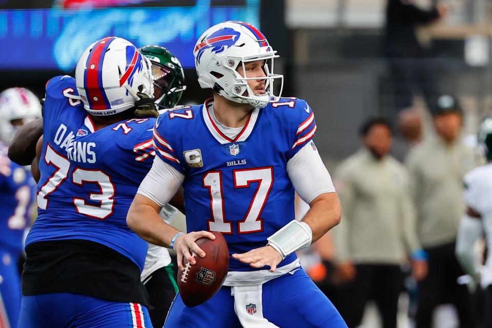 EAST RUTHERFORD, NJ - NOVEMBER 06:  Buffalo Bills quarterback Josh Allen (17) drops back to pass during the National Football League game between the New York Jets and Buffalo Bills on November 6, 2022 at MetLife Stadium in East Rutherford, New Jersey.  (Photo by Rich Graessle/Icon Sportswire via Getty Images)