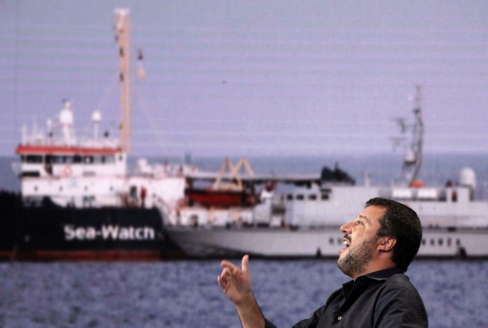 Italian Deputy Premier and Interior Minister, Matteo Salvini, attends a RAI state TV program in Rome, Wednesday, June 26, 2019. A German humanitarian ship carrying 42 migrants rescued off Libya two weeks ago is in Italian waters within sight of Lampedusa island in defiance of a ban by the country's hard-line interior minister. Interior Minister Matteo Salvini said he wouldn't allow any of the migrants to disembark and threatened Wednesday to deploy law enforcement. (Riccardo Antimiani/ANSA via AP)