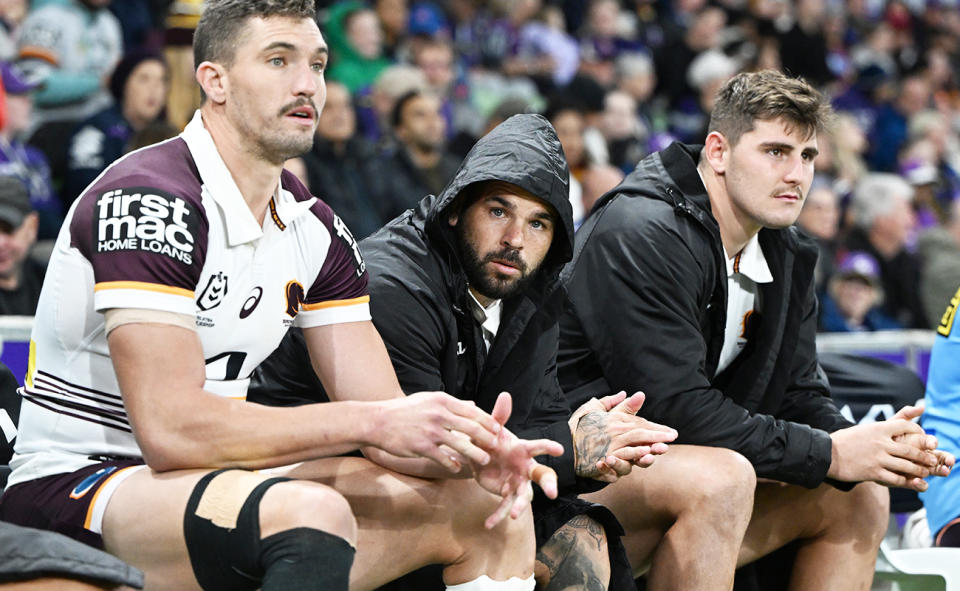 Adam Reynolds, pictured here on the bench during the Broncos and Storm clash.