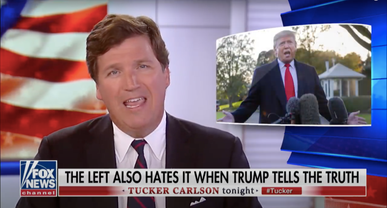 <span class="caption"><span class="caas-xray-inline-tooltip"><span class="caas-xray-inline caas-xray-entity caas-xray-pill rapid-nonanchor-lt" data-entity-id="Tucker_Carlson" data-ylk="cid:Tucker_Carlson;pos:1;elmt:wiki;sec:pill-inline-entity;elm:pill-inline-text;itc:1;cat:MediaPersonality;" tabindex="0" aria-haspopup="dialog"><a href="https://search.yahoo.com/search?p=Tucker%20Carlson" data-i13n="cid:Tucker_Carlson;pos:1;elmt:wiki;sec:pill-inline-entity;elm:pill-inline-text;itc:1;cat:MediaPersonality;" tabindex="-1" data-ylk="slk:Tucker Carlson;cid:Tucker_Carlson;pos:1;elmt:wiki;sec:pill-inline-entity;elm:pill-inline-text;itc:1;cat:MediaPersonality;" class="link ">Tucker Carlson</a></span></span> is a big fan of the phrase 'they hate.' Usually, he's talking about Democrats.</span> <span class="attribution"><a class="link " href="https://www.youtube.com/watch?v=jp71VWgqURQ" rel="nofollow noopener" target="_blank" data-ylk="slk:YouTube;elm:context_link;itc:0;sec:content-canvas">YouTube</a></span>