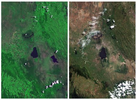 Lake Nakuru National Park is seen in a combination of NASA satellite images taken September 9, 1972 (L) and July 7, 2015 (R). REUTERS/NASA/Handout via Reuters