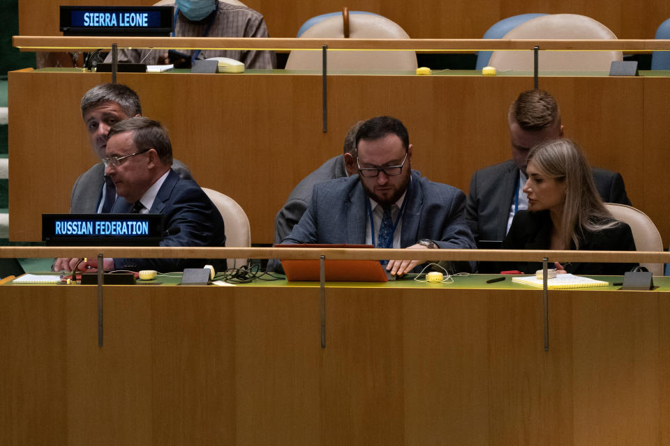 Delegates from Russia attend the Nuclear Non-Proliferation Treaty review conference in New York City, New York, U.S., August 1, 2022.  REUTERS/David 'Dee' Delgado