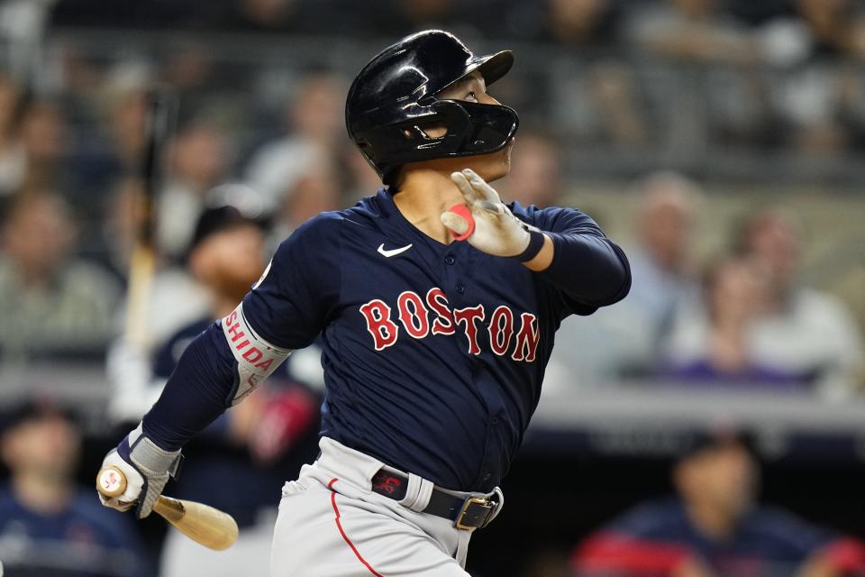 Boston Red Sox's Masataka Yoshida flies out during the seventh inning of the team's baseball game against the New York Yankees, Friday, June 9, 2023, in New York. (AP Photo/Frank Franklin II)