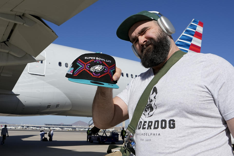 Philadelphia Eagles center Jason Kelce arrives ahead of the NFL football Super Bowl 57, Sunday, Feb. 5, 2023, in Phoenix. The Kansas City Chiefs will play the Philadelphia Eagles on Sunday. (AP Photo/David J. Phillip)