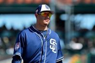 FILE PHOTO: Mar 16, 2019; Scottsdale, AZ, USA; San Diego Padres third baseman Manny Machado (13) looks on during the second inning against the San Francisco Giants at Scottsdale Stadium. Mandatory Credit: Matt Kartozian-USA TODAY Sports