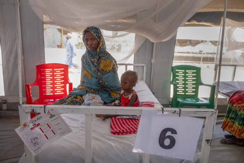 Sudanese Children suffering from malnutrition are treated at an MSF clinic in Metche Camp, Chad, near the Sudanese border, Friday, April 5, 2024. Many people here fled the fighting in Sudan's vast western region of Darfur, where attacks by the Arab-dominated Rapid Support Forces on ethnic African civilians have revived memories of genocide. The United Nations says close to 9 million people have fled their homes. (AP Photo/Patricia Simon)