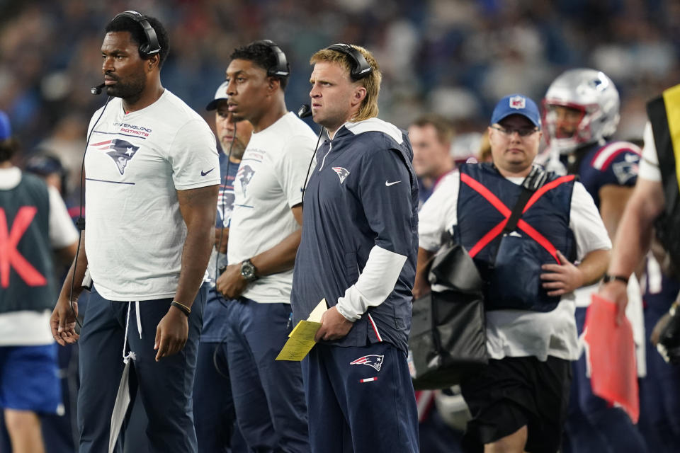 New England Patriots safeties coach Brian Belichick during the first half of a preseason NFL football game, Thursday, Aug. 12, 2021, in Foxborough, Mass. (AP Photo/Elise Amendola)