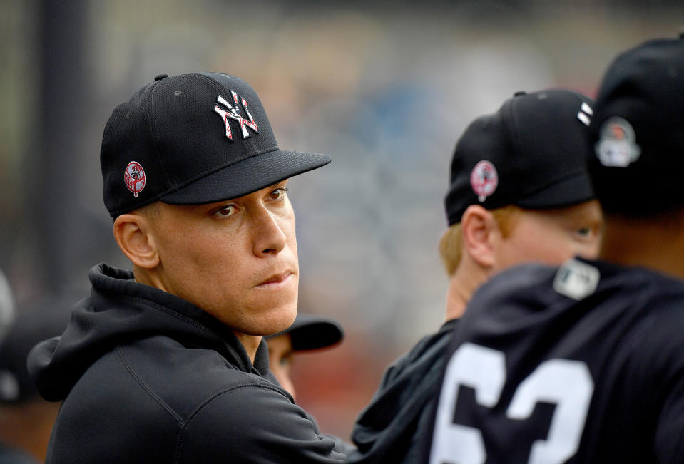 TAMPA, FLORIDA - FEBRUARY 26: Aaron Judge #99 of the New York Yankees in the dugout during the spring training game against the Washington Nationals at Steinbrenner Field on February 26, 2020 in Tampa, Florida. (Photo by Mark Brown/Getty Images)