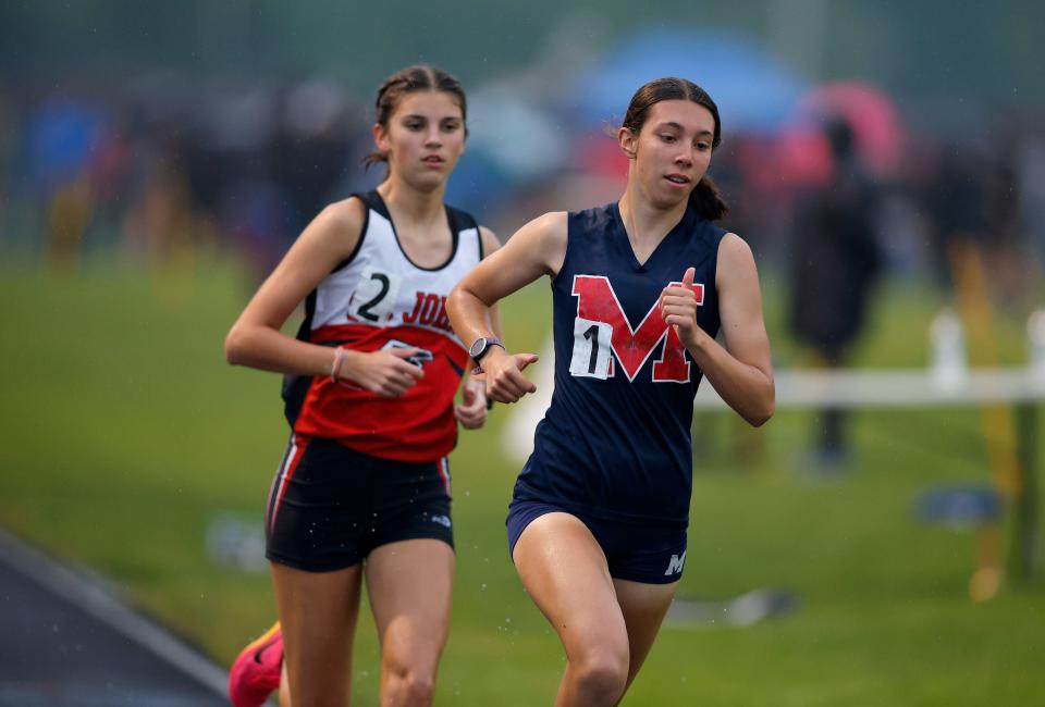Mason Meghan Ford, right, and St. Johns'  Abby Young run in the 1600 meter run during the MHSAA track and field 15-2 regional, Friday, May 19, 2023, at Mason High School. Ford and Young finished first and second, respectively.