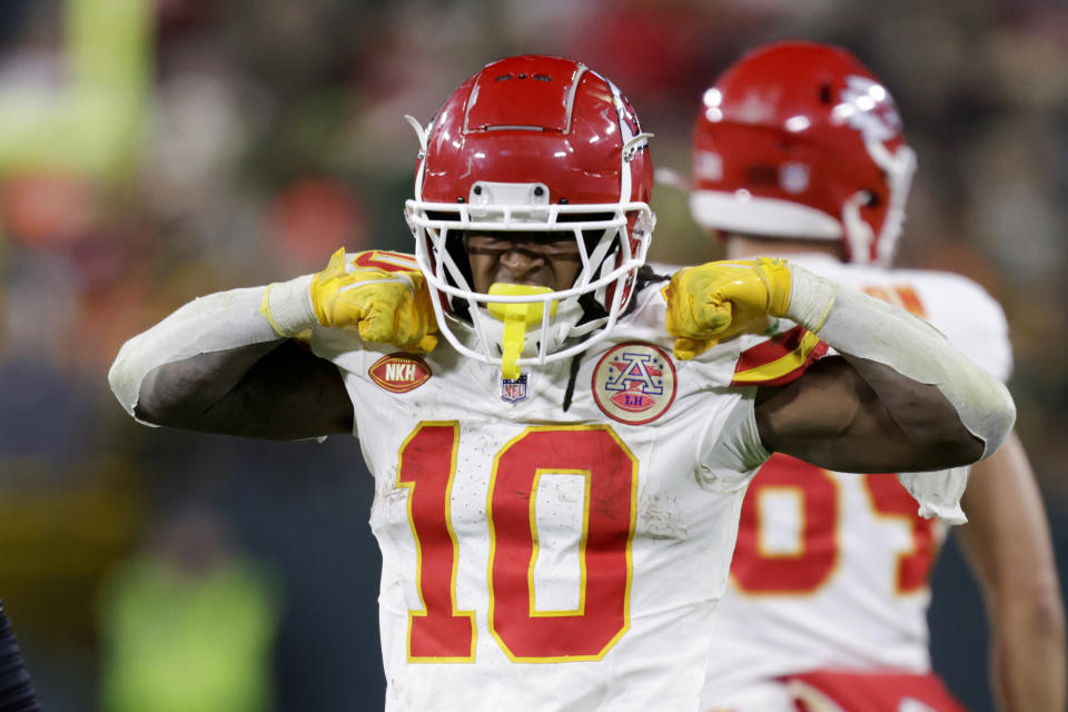 Kansas City Chiefs running back Isiah Pacheco (10) reacts to a run against the Green Bay Packers during the second half of an NFL football game Sunday, Dec. 3, 2023 in Green Bay, Wis. (AP Photo/Matt Ludtke)