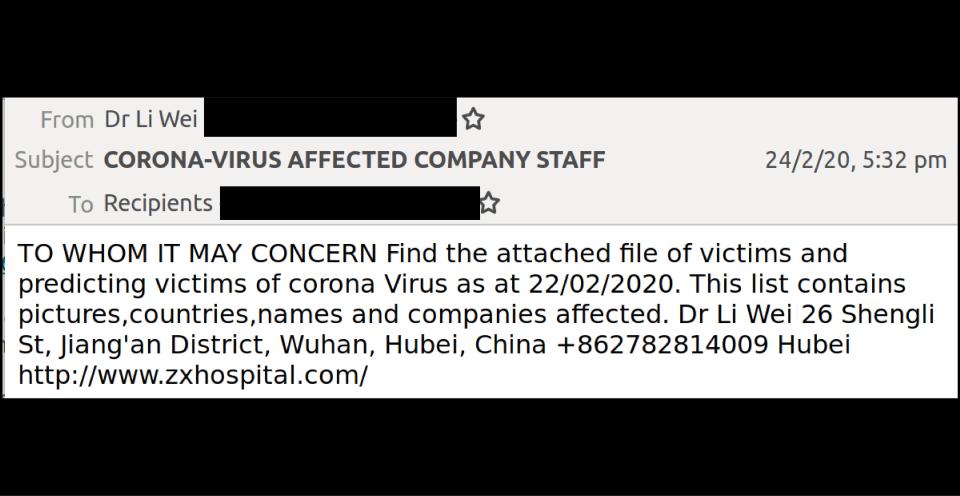 An email trying to tempt users into clicking on a malicious attachment, using coronavirus fears as a lure. 