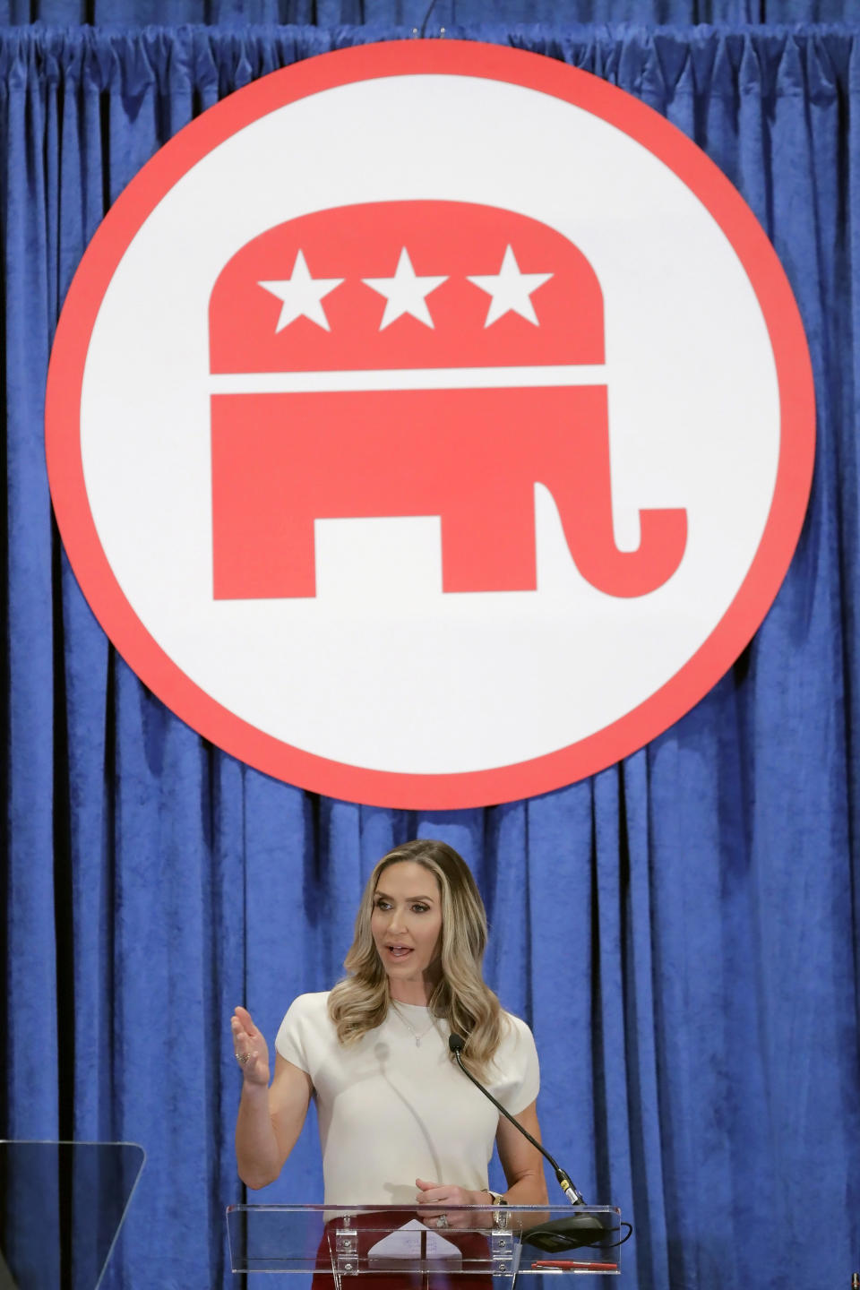 FILE - Lara Trump, the newly-elected co-chair of the Republican National Committee, gives an address during the general session of the RNC Spring Meeting Friday, March 8, 2024, in Houston. Trump's handpicked leadership team for for the RNC includes Trump, his daughter-in-law, who said in February that she thought Republican voters would like to see the RNC pay Trump's legal fees. (AP Photo/Michael Wyke, File)