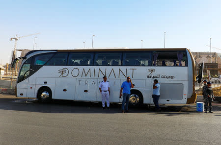 A damaged bus is seen at the site of a blast near a new museum being built close to the Giza pyramids in Cairo, Egyptm May 19, 2019. REUTERS/Amr Abdallah Dalsh