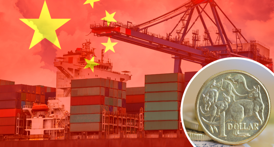 Graphic showing Chinese flag's stars and machinery at a dock, with an inset of an Australian 1 dollar coin.