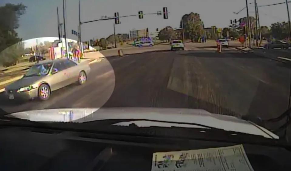 A tan Toyota Camry with a broken windshield, seen here on Sept. 15, 2023, is the car police say was involved in a fatal hit-and-run at the corner of East State Street and Arnold Avenue in Rockford.