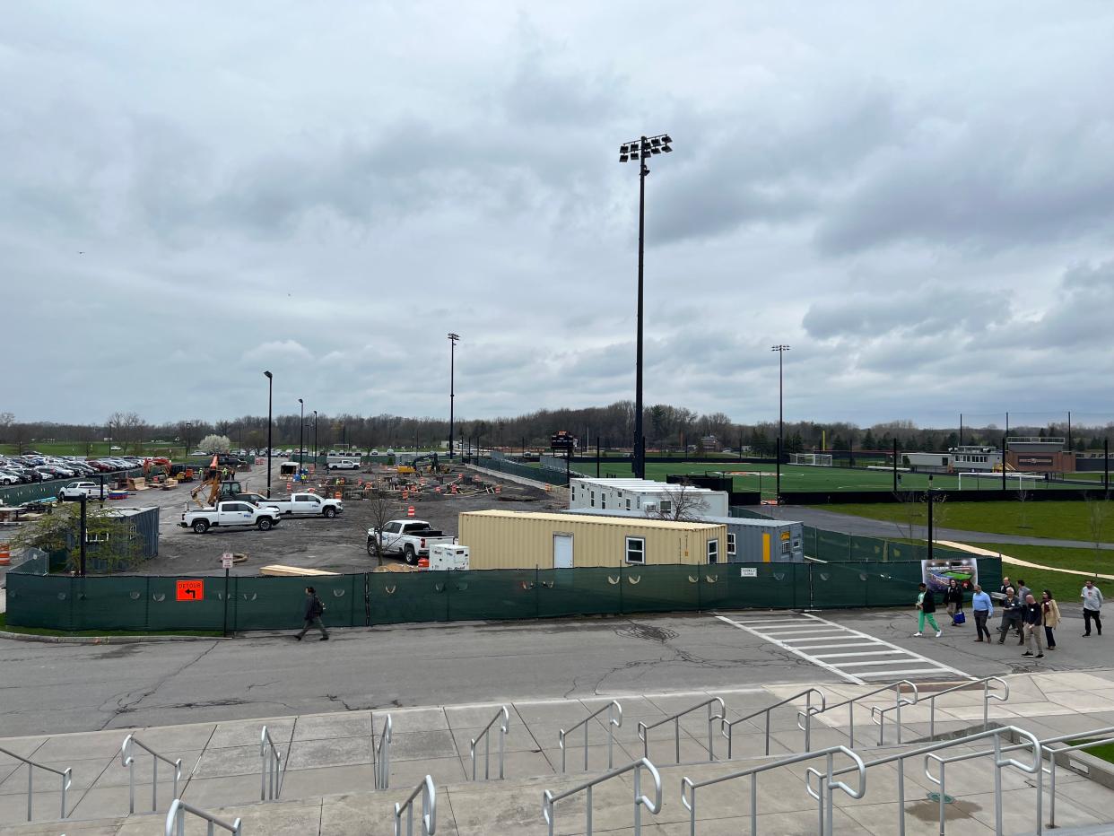 The construction site of Rochester Institute of Technology's new Tiger Stadium on Thursday, April 18, 2024. The 38,828-square-foot stadium is going up on the west side of the field and will house soccer and lacrosse.